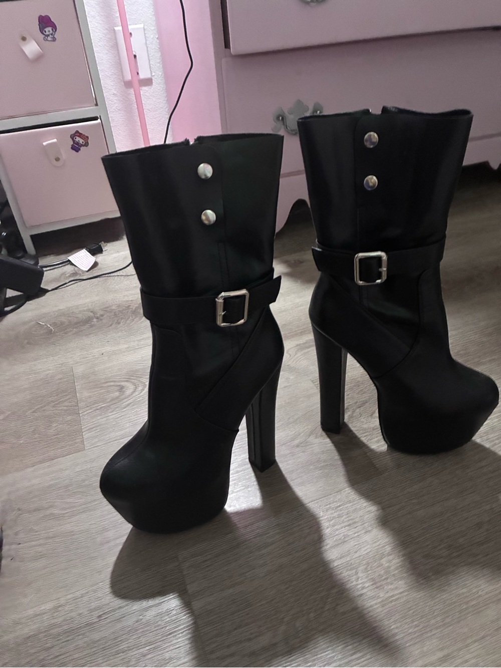 Black High Platform Buckle Ankle Boots - Women
